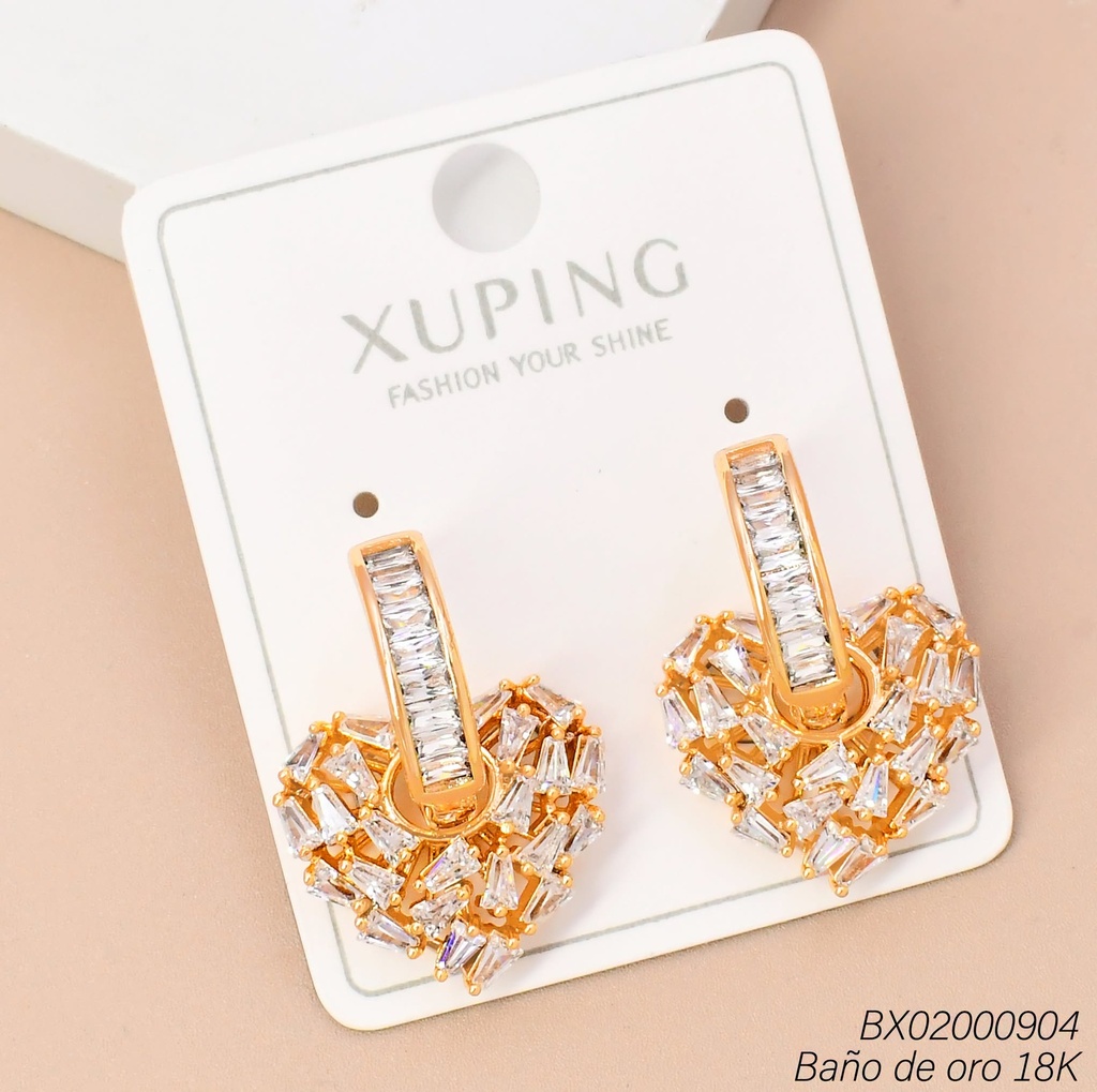 ARETES BAÑO DE ORO 18K. HUGGIES LINEA ZIRC. RECT. HORIZ./CORAZON ZIRC (XL230926)