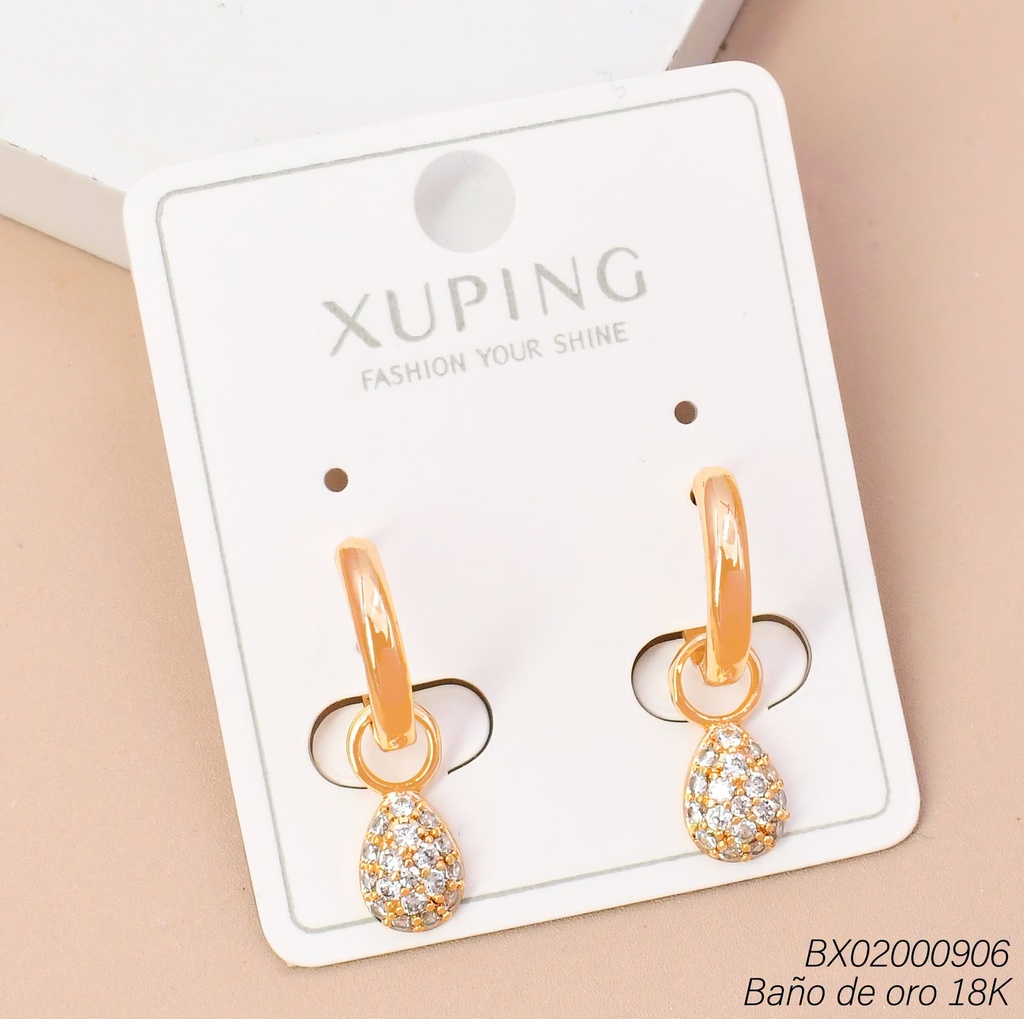 ARETES BAÑO DE ORO 18K. HUGGIES GOTA ZIRC COLGANTE  (XL230926)