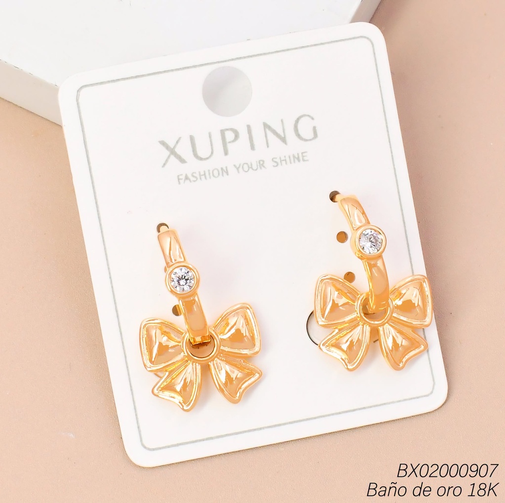 ARETES BAÑO DE ORO 18K. HUGGIES ZIRC RD/LAZO COLGANTE (XL230926)