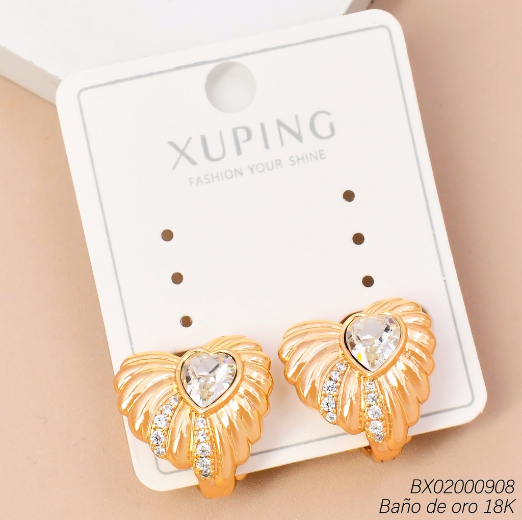 ARETES BAÑO DE ORO 18K. HUGGIES CORAZON/ZIRC CORAZON CENTRO (XAG)
