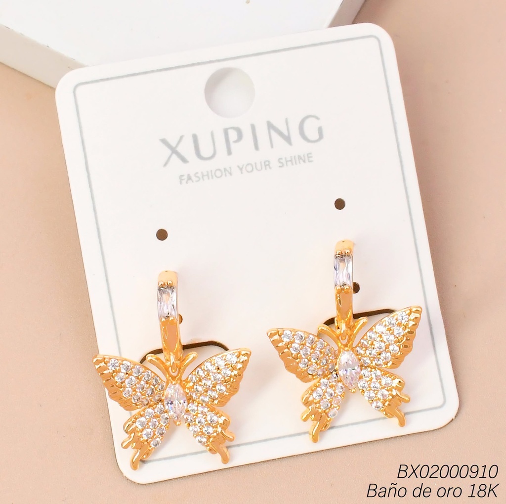ARETES BAÑO DE ORO 18K. HUGGIES ZIRC RECT. /MARIPOSA ZIRC. (XAG)