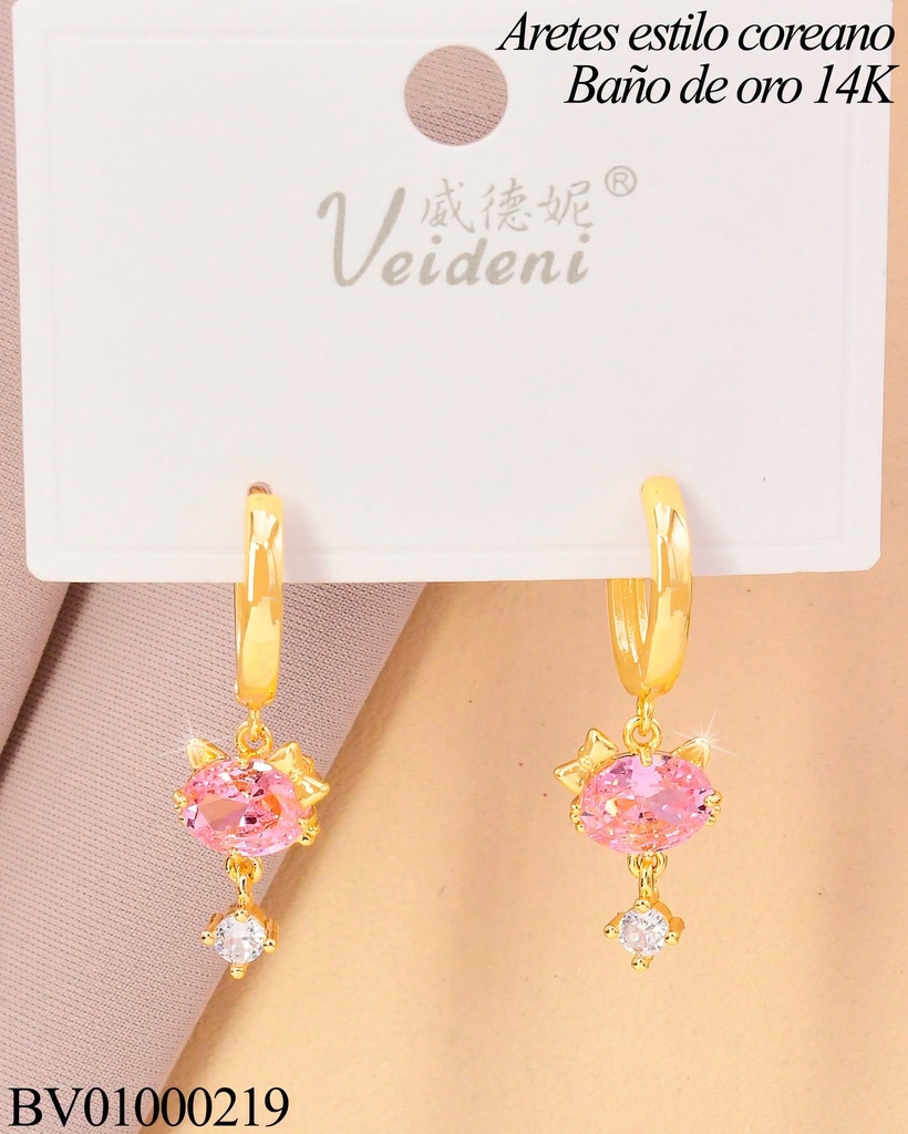 ARETES HUGGIES LARGOS BAÑO DE ORO 14K.KITTY ZIRC.ROSADA EH-0543 (VEI080926)