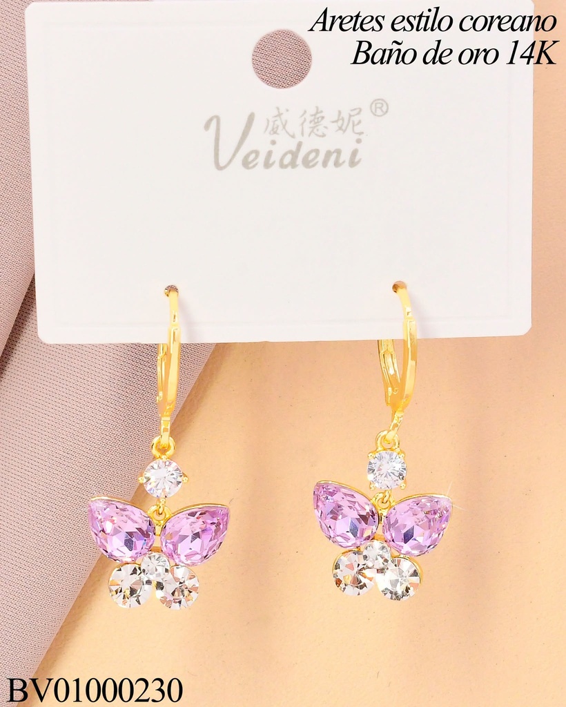 ARETES HUGGIES LARGOS BAÑO DE ORO 14K.MARIPOSA LILA ZIRC. EH-3384 (VEI080926)
