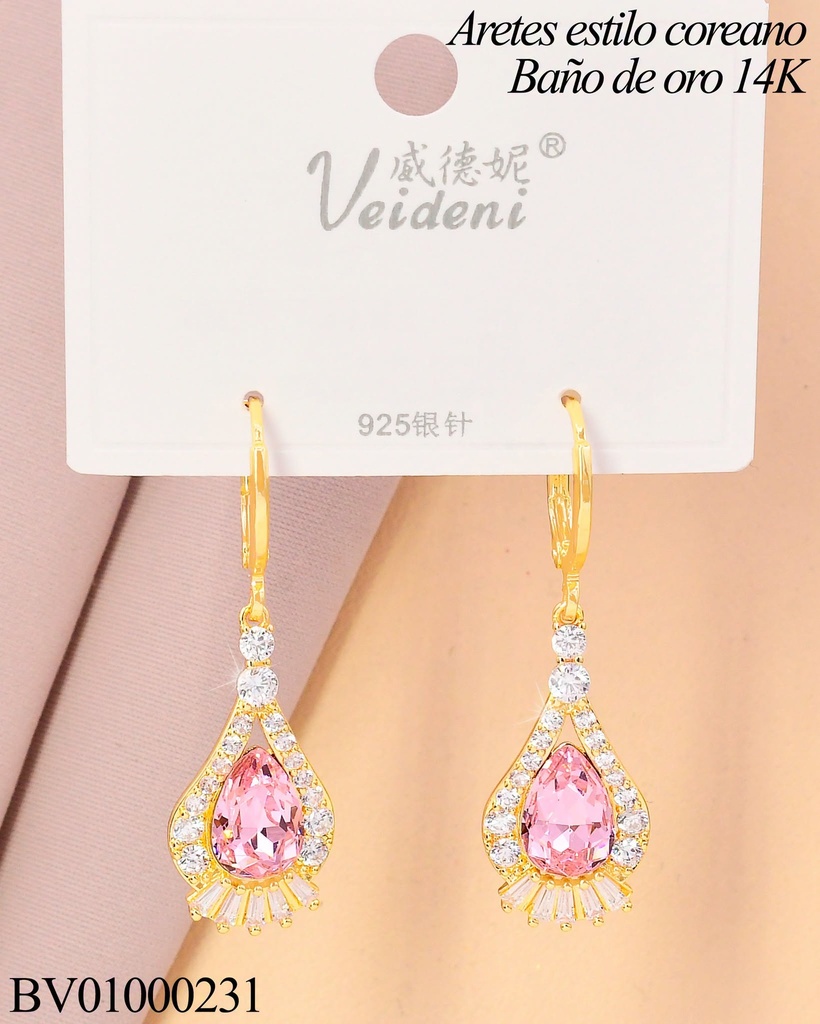 ARETES HUGGIES LARGOS BAÑO DE ORO 14K.GOTA ROSADA ZIRC.EH-3032 (VEI080926)