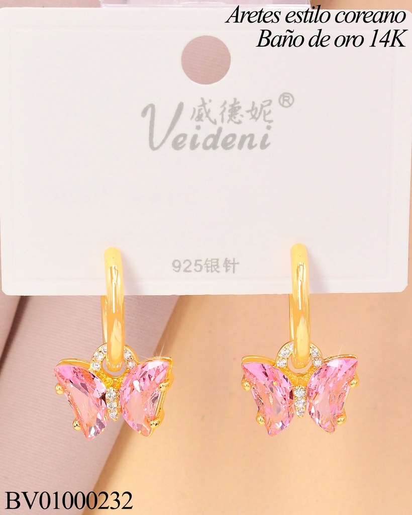 ARETES HUGGIES LARGOS BAÑO DE ORO 14K.MARIPOSA ZIRC.ROSADA EH-2119 (VEI080926)