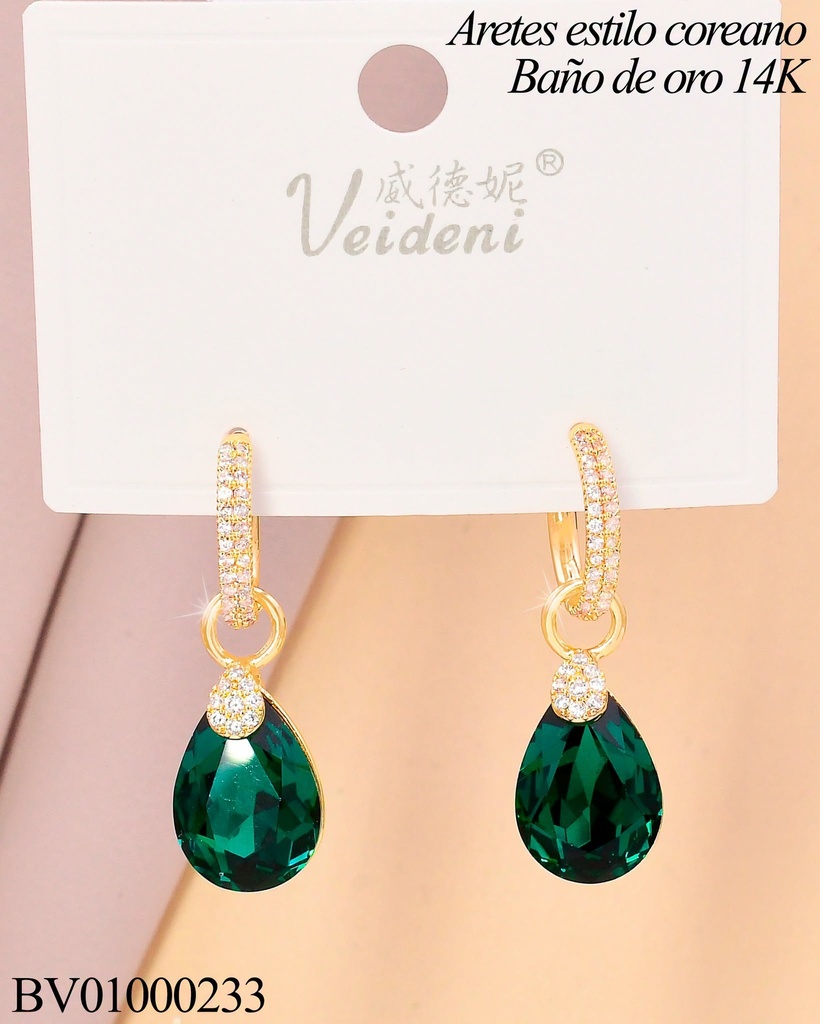 ARETES HUGGIES LARGOS BAÑO DE ORO 14K.GOTA VERDE ZIRC.EH-00918 (VEI080926)