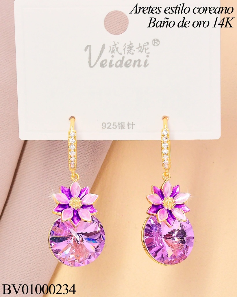 ARETES HUGGIES LARGOS BAÑO DE ORO 14K.ZIRC.LILA.RD.C/FLOR EH-1942 (VEI080926)