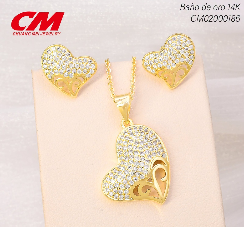 SET BAÑO DE ORO 14K. CORAZON PARTE SUPERIOR ZIRC/INFERIOR CALADA GT-00440011 (27A)