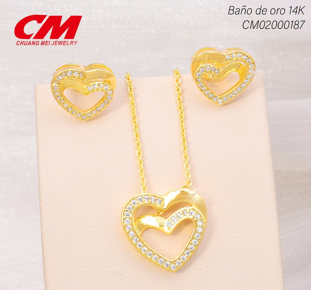 SET BAÑO DE ORO  14K. DOBLE CORAZON ENTRELAZADOS ZIRC. GT-00020006 (27A)