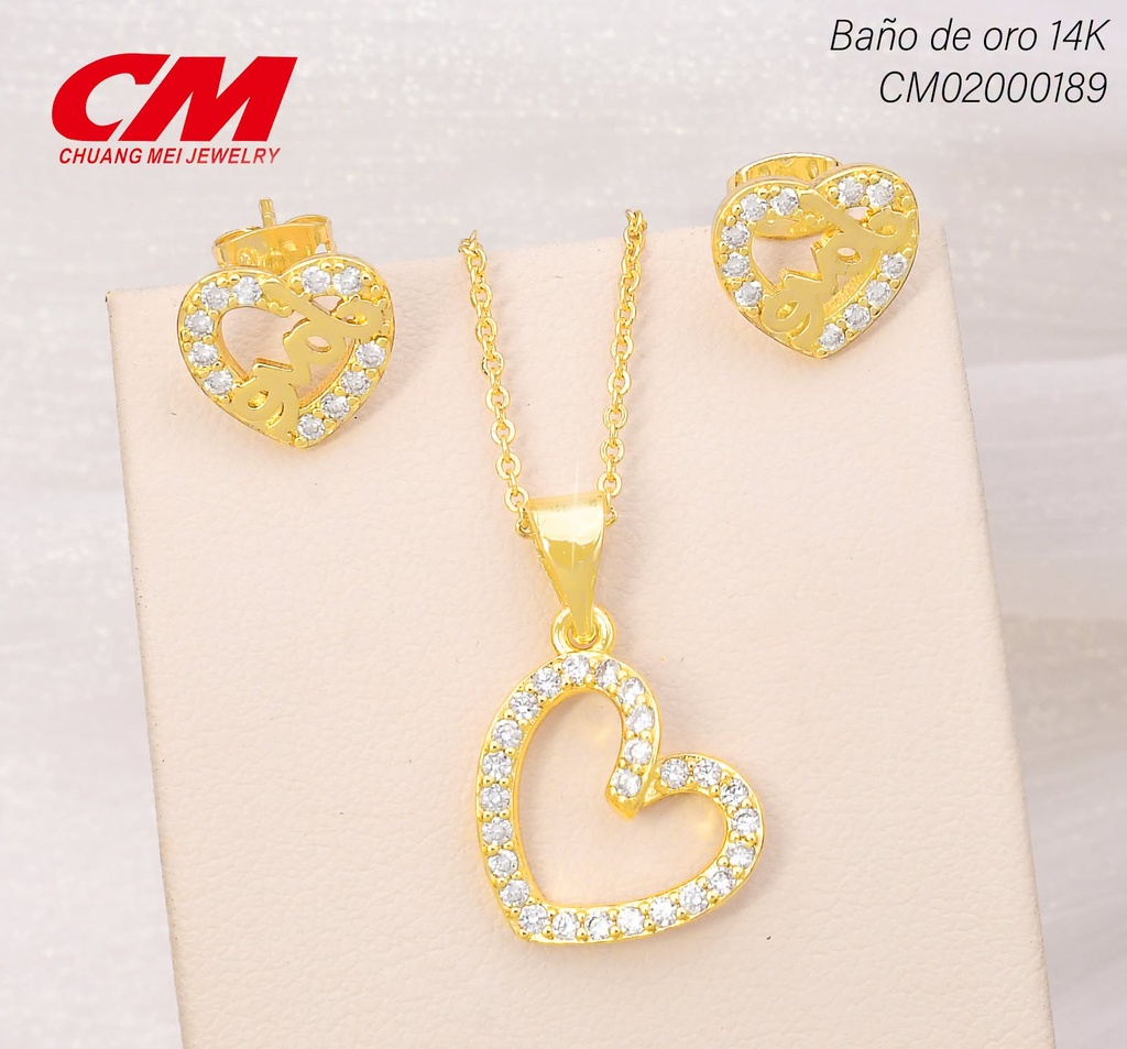 SET BAÑO DE ORO 14K. CORAZON ZIRC/"LOVE" GT-01620007 (27A)