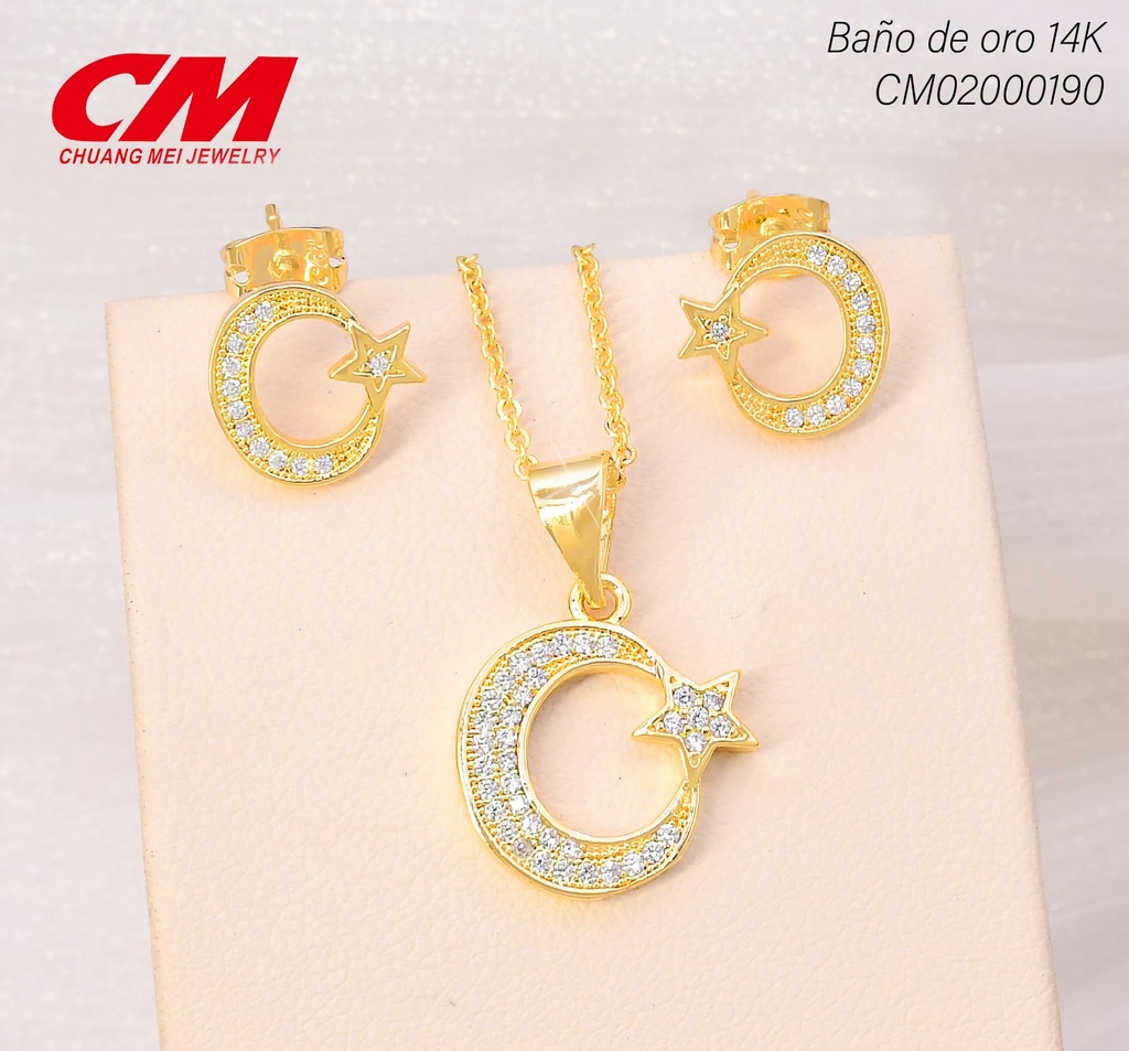 SET BAÑO DE ORO 14K. MEDIA LUNA/ESTRELLA ZIRC. DC-29990016 (27A)