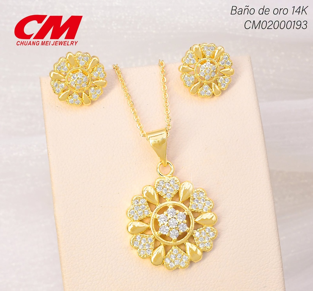 SET BAÑO DE ORO  14K. FLOR PETALOS CORAZONES ZIRC/GOTA GT-01350006 (27A)