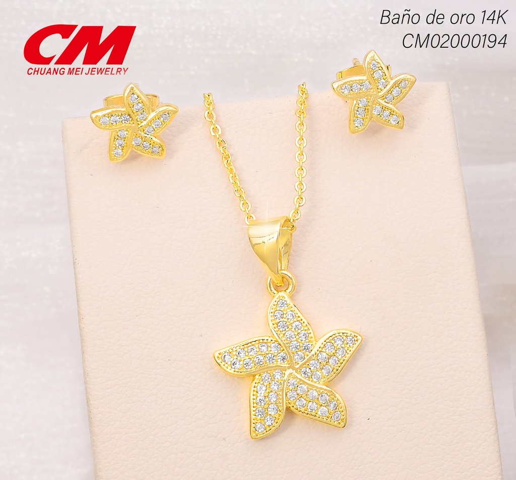 SET BAÑO DE ORO 14K. FLOR PETALOS IRREG. ZIRC DC-29920017 (27A)