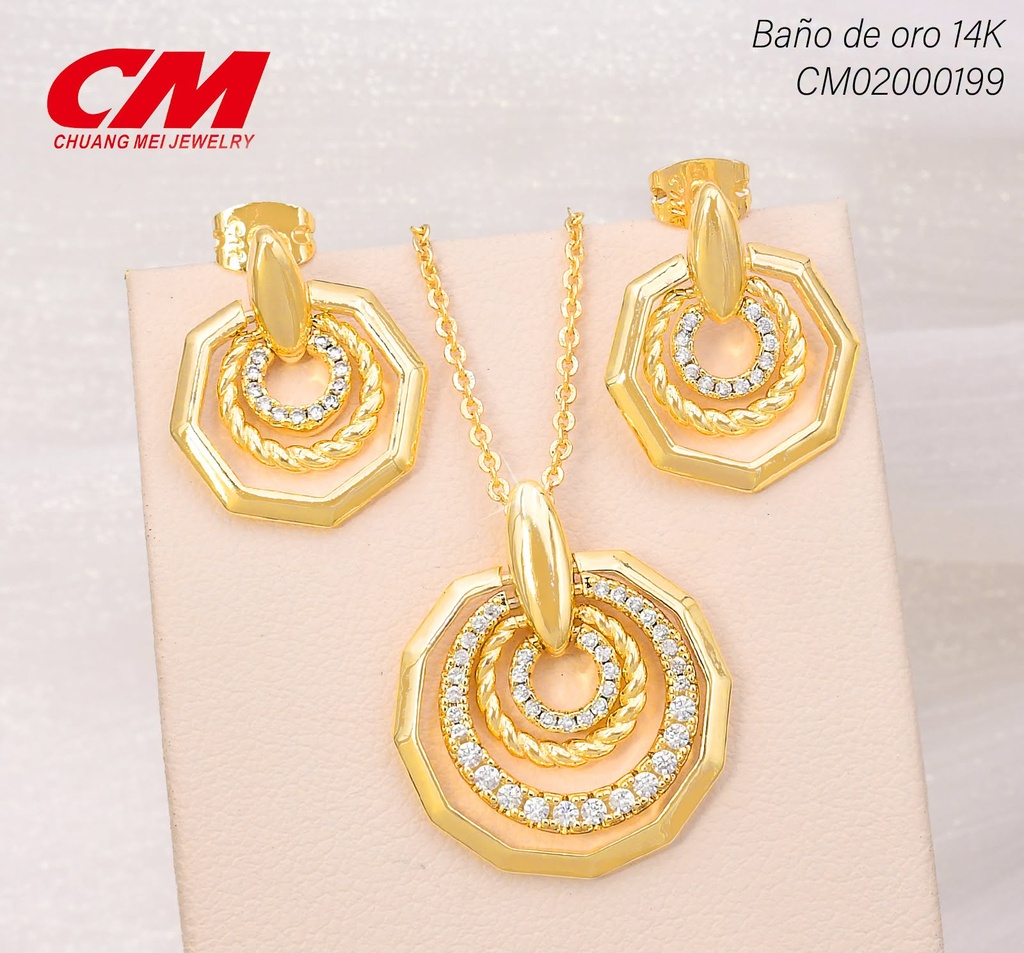 SET BAÑO DE ORO 14K. ENDECAGONO & DECAG./RUEDAS TORN/ZIRC. GT-09580001 (27A)
