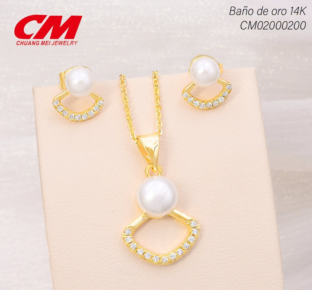 SET BAÑO DE ORO 14K. PERLA/ABANICO INVERTIDO GT-01160002 (27A)