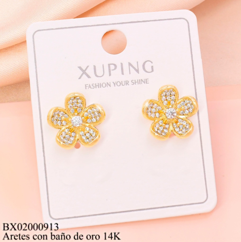 ARETES BAÑO DE ORO 14K. FLOR ZIRCONIAS (XAG)