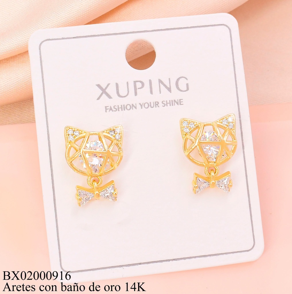 ARETES BAÑO DE ORO 14K.GATO CALADO C/LAZO (XAG)