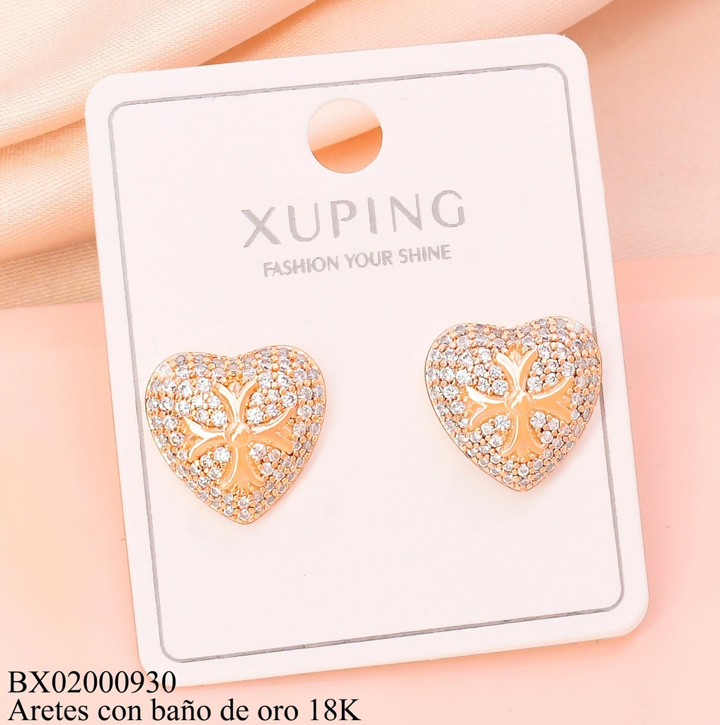 ARETES BAÑO DE ORO 18K.CORAZON ZIRC.C/CRUZ (XL230926)
