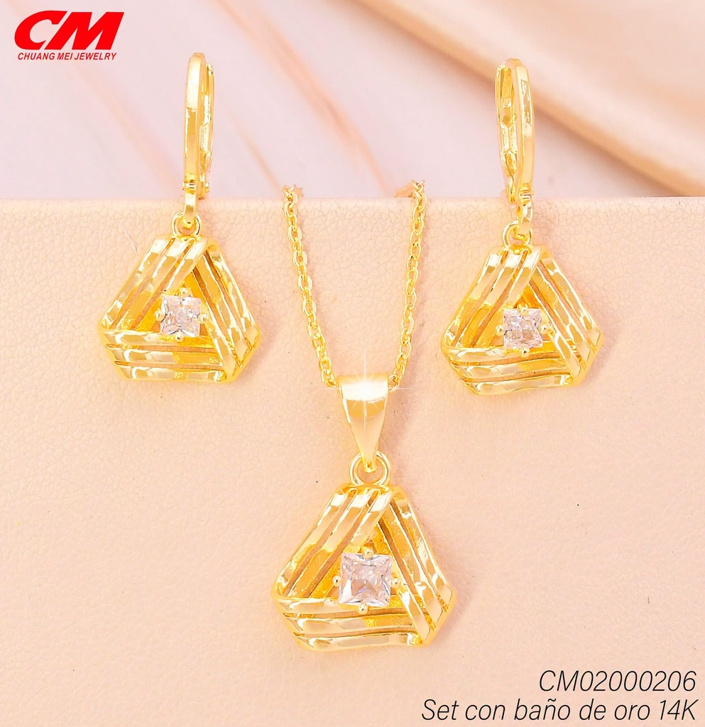 SET BAÑO DE ORO 14K. TRIANGULO IRREG./ZIRC. RD GT-09010005