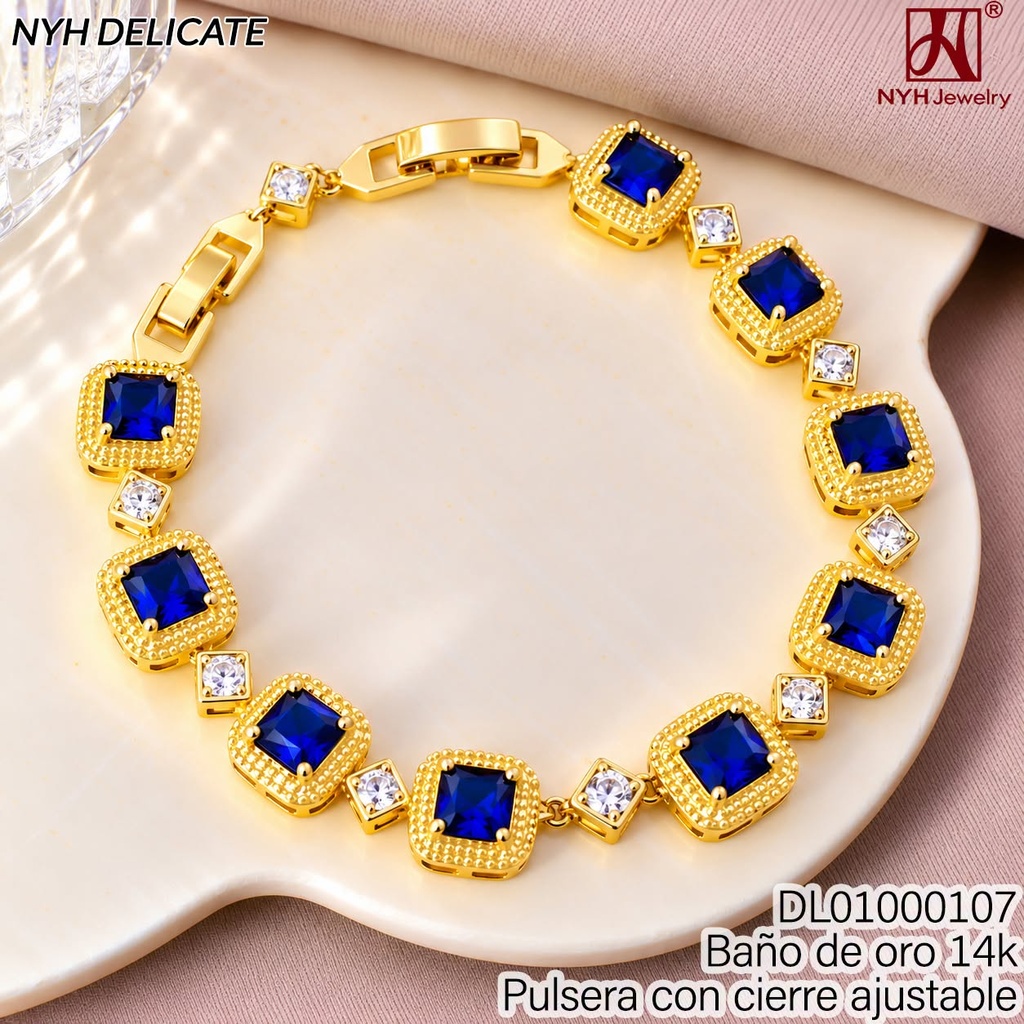 PULSERA BAÑO DE ORO 14K.CD.ZIRC.AZUL C/BASE DOR. GXLW13A (OC.)