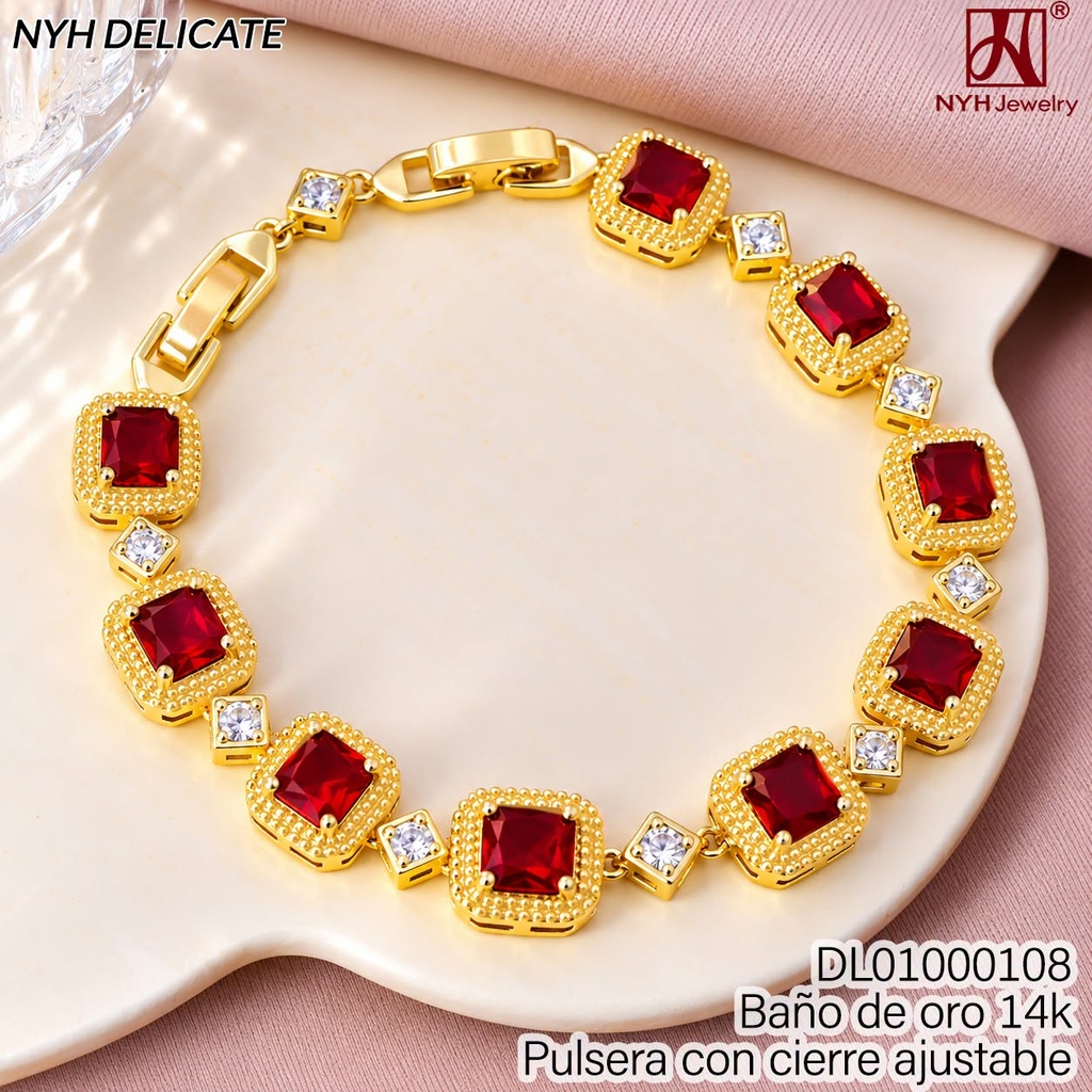 PULSERA BAÑO DE ORO 14K.CD.ZIRC.ROJA C/BASE DOR. GXLW14C (OC.)