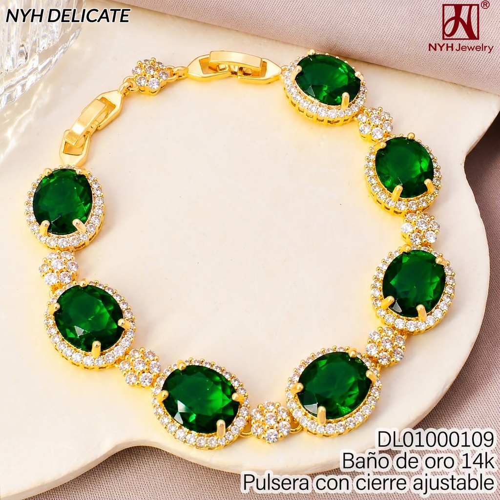 PULSERA BAÑO DE ORO 14K.OV.ZIRC.VERDE C/BORDE ZIRC, GXLW10A (OC.)