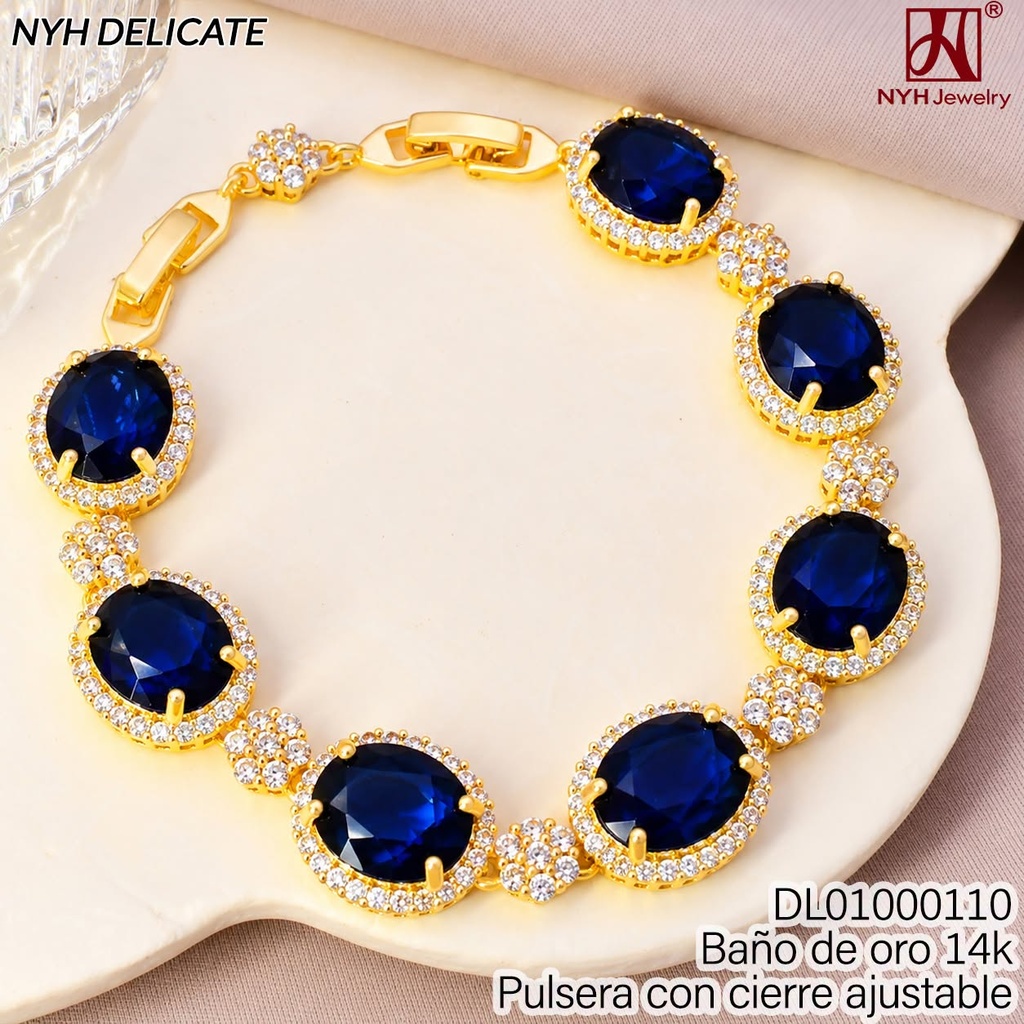 PULSERA BAÑO DE ORO 14K.OV.ZIRC.AZUL C/BORDE ZIRC, GXLW10C (OC.)