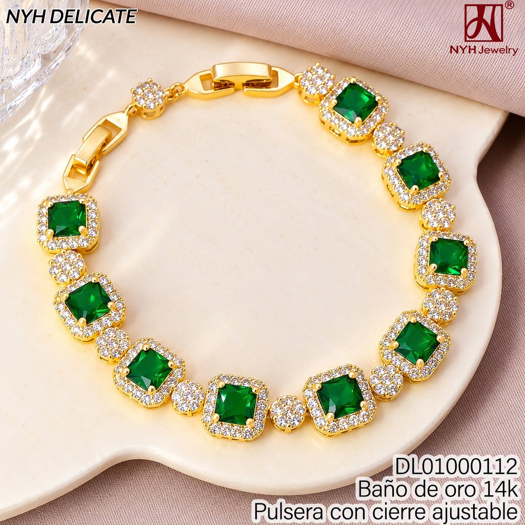PULSERA BAÑO DE ORO 14K.CD.ZIRC.VERDE C/BORDE ZIRC. GXLW13B (OC.)