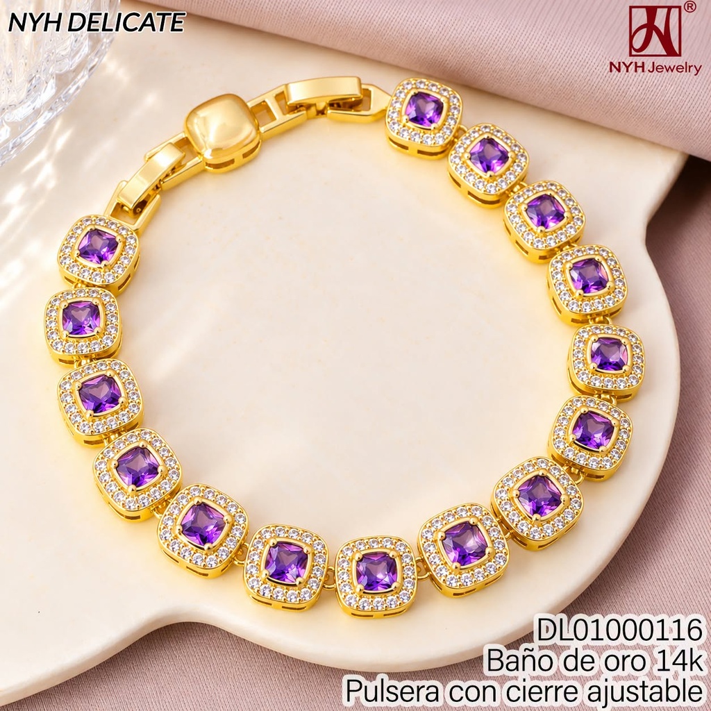 PULSERA BAÑO DE ORO 14K.CD.ZIRC.LILA C/BORDE ZIRC. ZWQ734D (OC.)
