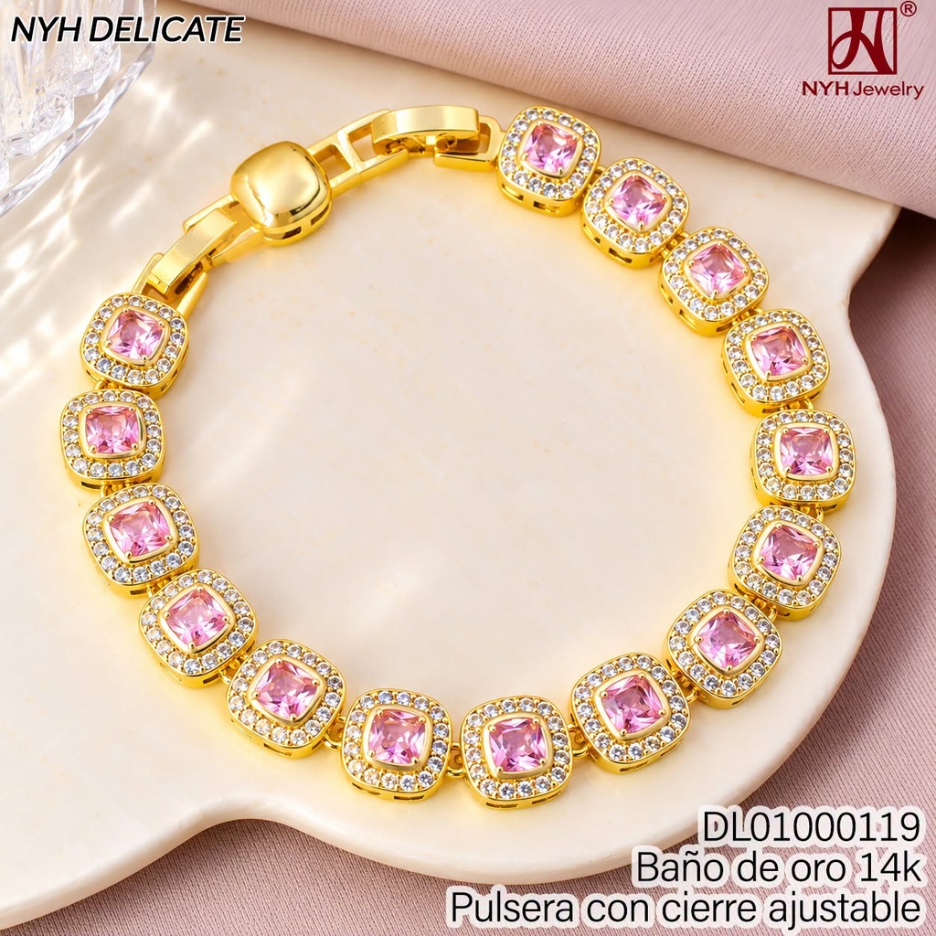 PULSERA BAÑO DE ORO 14K.CD.ZIRC.ROSADA C/BORDE ZWQ734A (OC.)