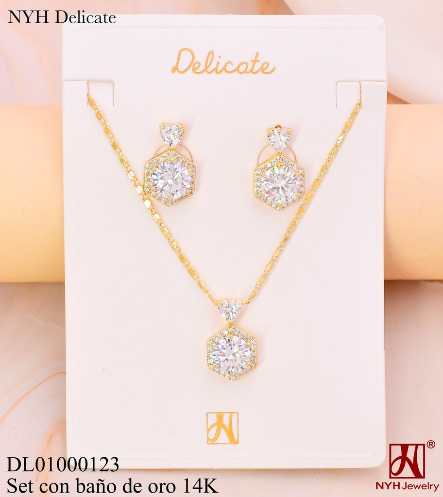 SET BAÑO DE ORO 14K.ZIRCONIA HEXAGONO CX321A (OC.)