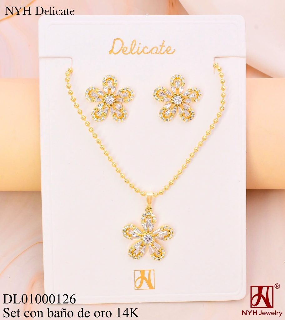 SET BAÑO DE ORO 14K.FLOR GR. 5 PETALOS ZIRC. (OC.)