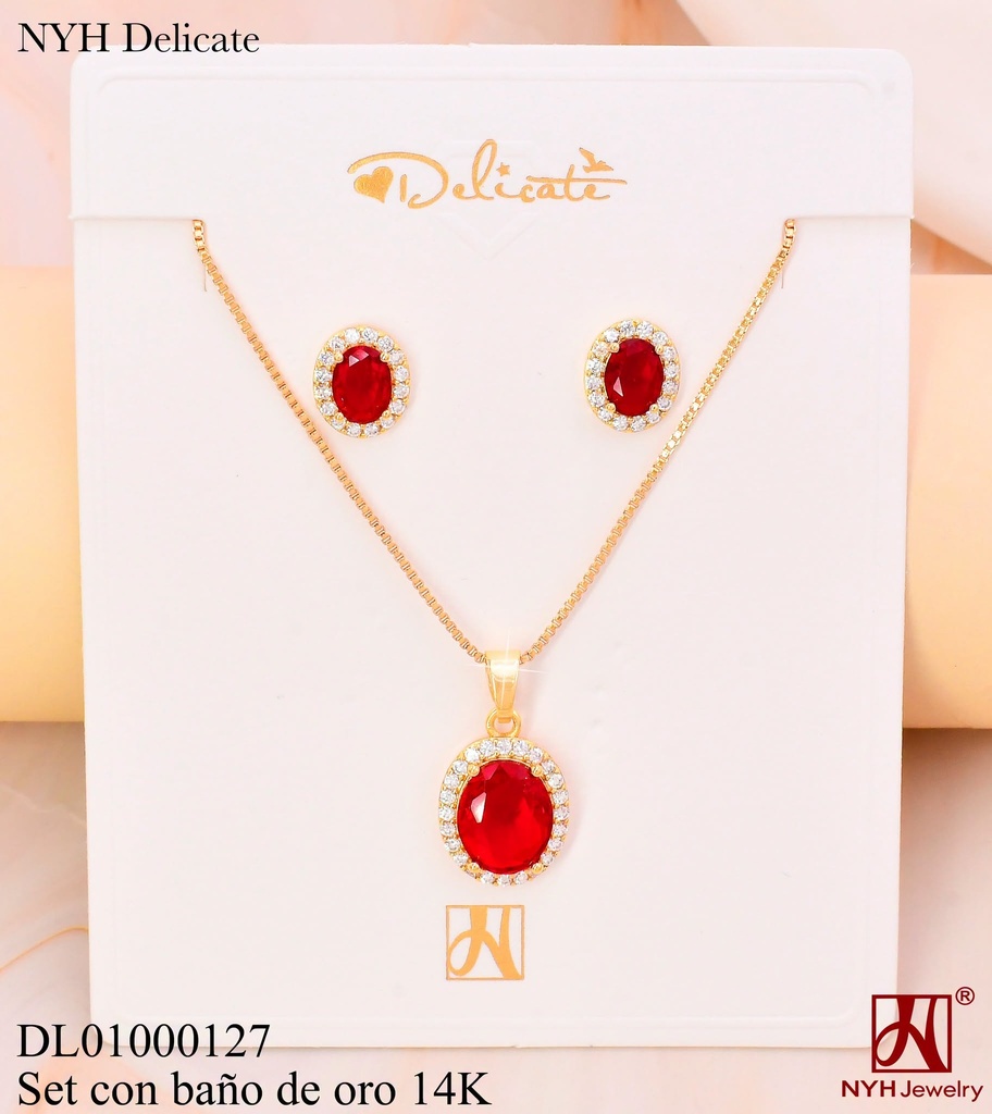SET BAÑO DE ORO 14K.ZIRC.OV ROJA C/BORDE KY805K MR (OC.)