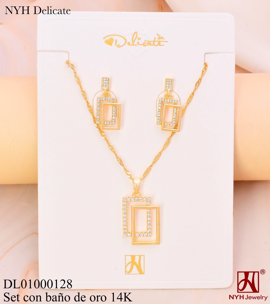 SET BAÑO DE ORO 14K.CROQUI DOBLE RECT. VERT.LISO-ZIRC. MR (OC.)