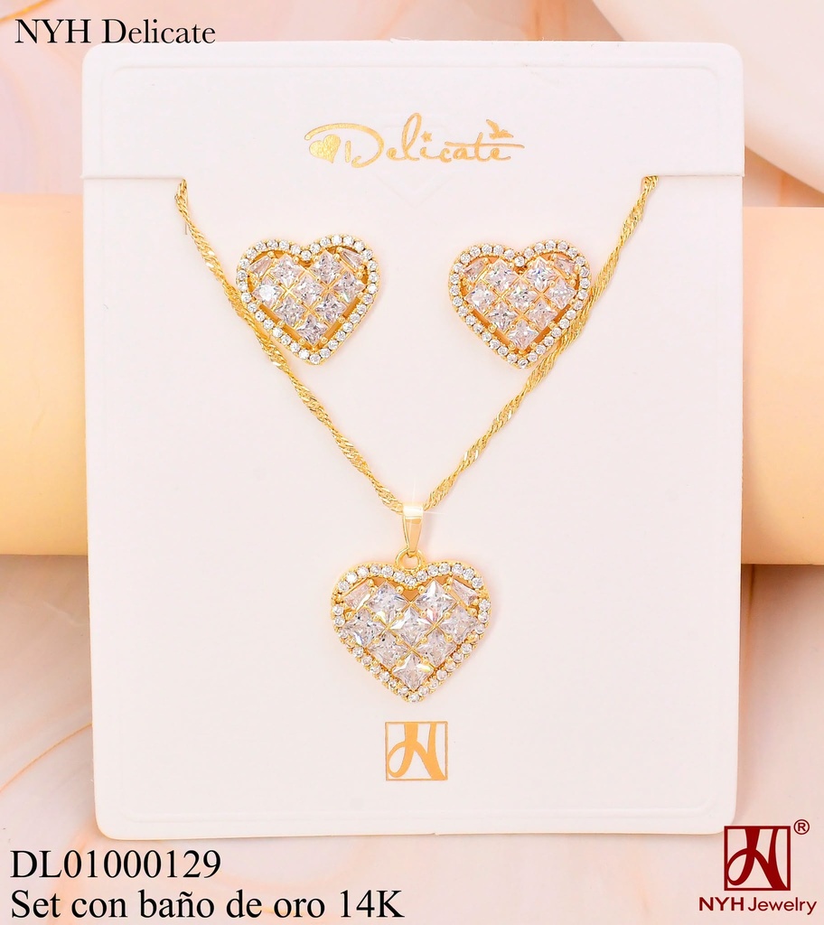 SET BAÑO DE ORO 14K. CORAZON C/ZIRCONIAS CX105A (OC.)