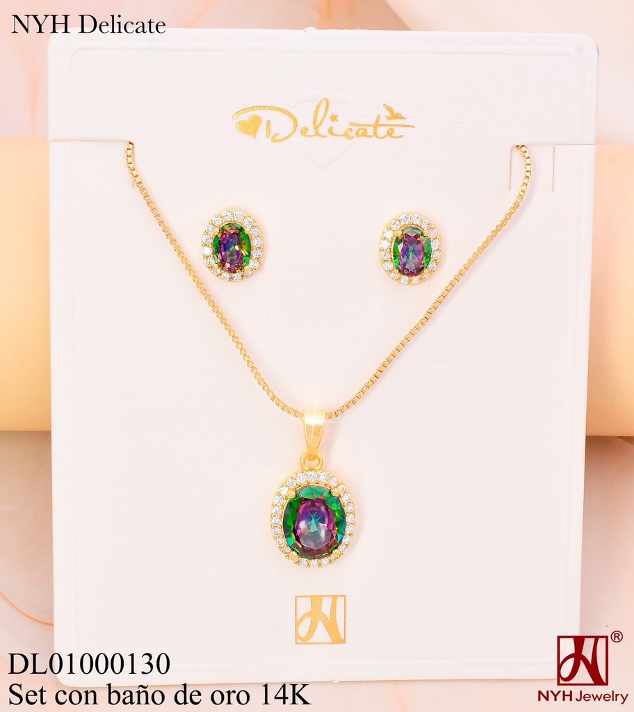 SET BAÑO DE ORO 14K.ZIRC.OV.TORNASOL C/BORDE KY805F MR (OC.)