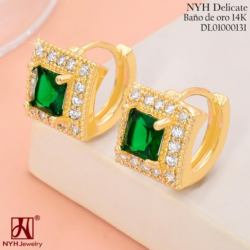 ARETES HUGGIES BAÑO DE ORO 14K. CD.ZIRC.CENTRO VERDE TG27721(OC.)