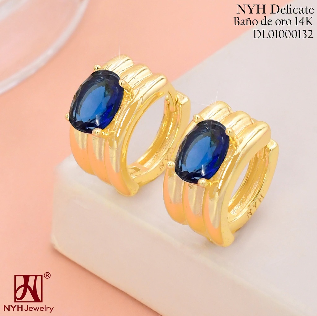 ARETES HUGGIES BAÑO DE ORO 14K. ZIRC.OV-AZUL GSH1210H (OC.)