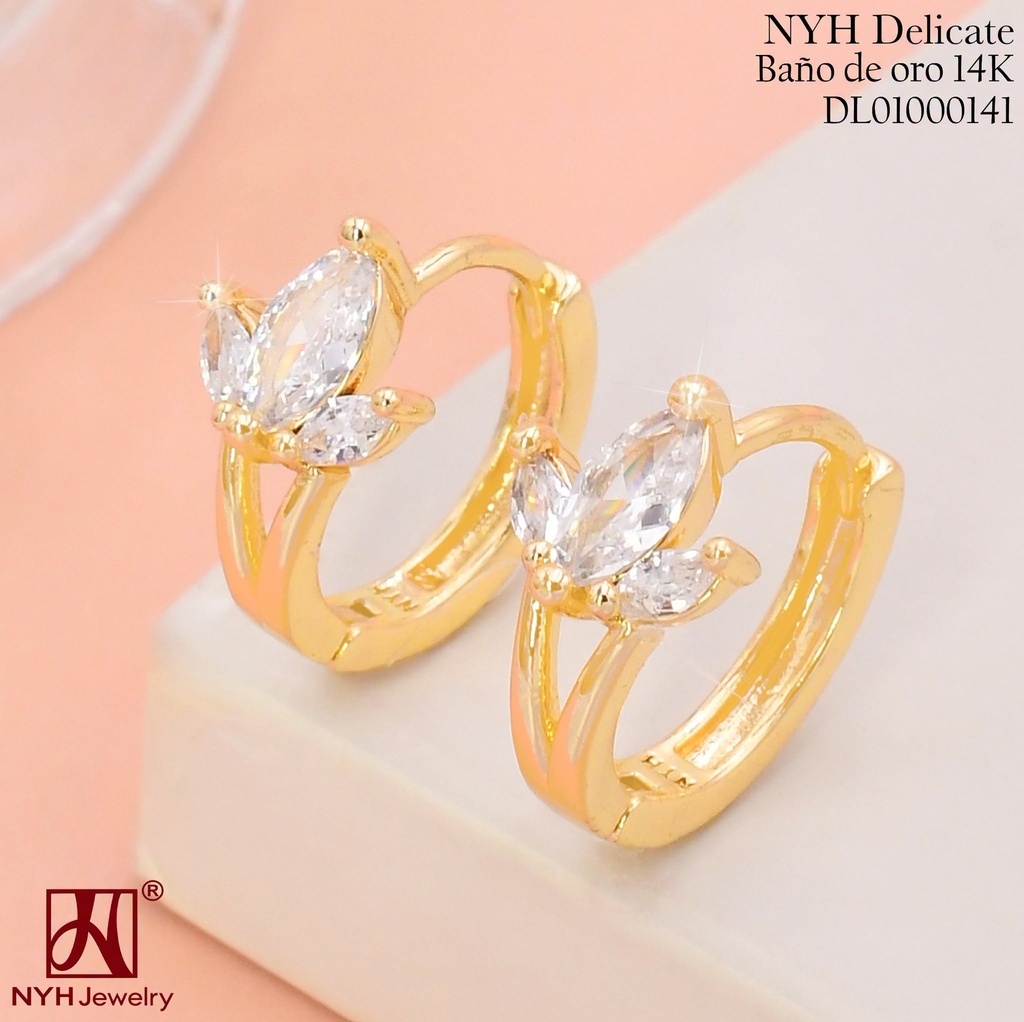 ARETES HUGGIES BAÑO DE ORO 14K.3 ZIRC.OV YAH1013A (OC.)
