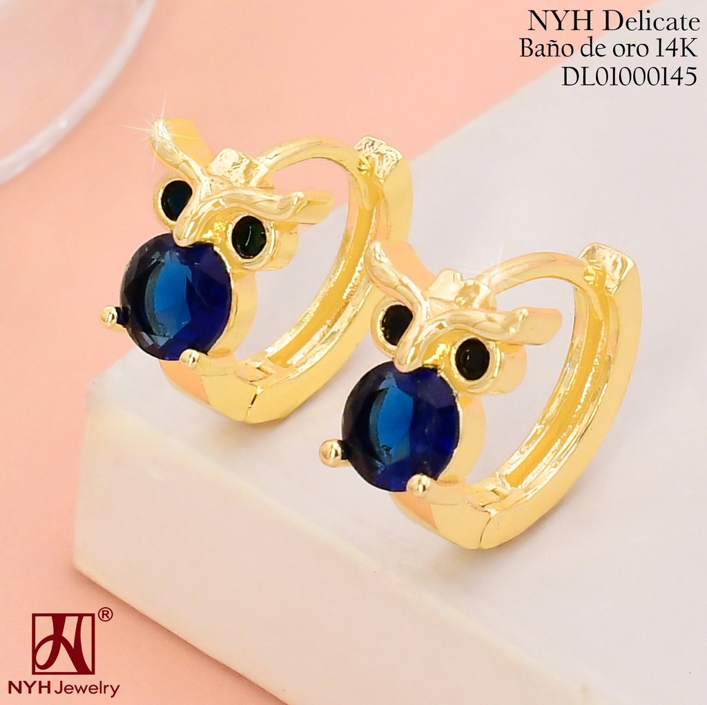 ARETES HUGGIES BAÑO DE ORO 14K.BUHO ZIRC.AZUL TG2377N (OC.)