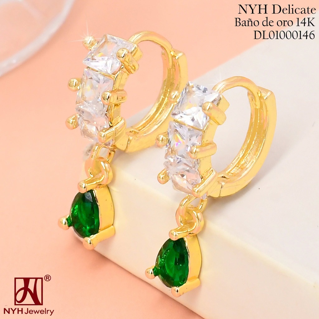 ARETES HUGGIES BAÑO DE ORO 14K. GOTA ZIRC.VERDE TGZ517W (OC.)