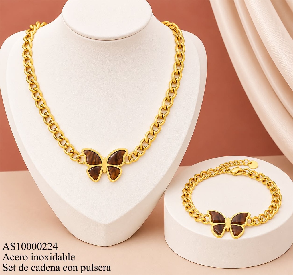 SET CADENA PULSERA ESLAB.CUBANO MARIPOSA RESINA CAFE WH000276 (10C).