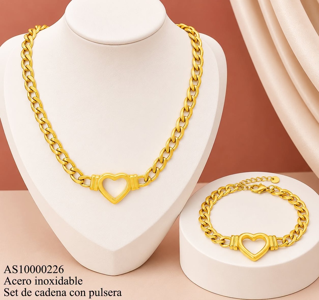 SET CADENA-PULSERA ESLAB. CUBANO MARTILLADO CORAZON WH000221 (10C).