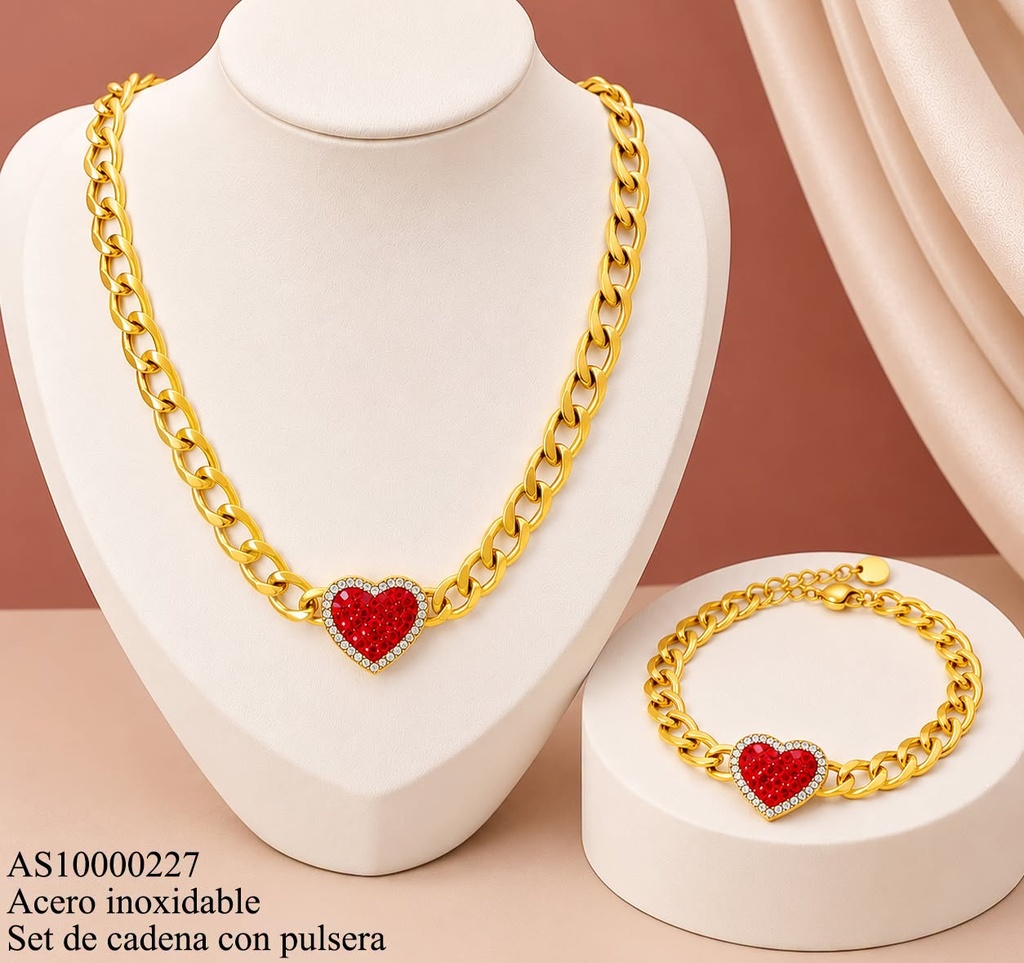 SET CADENA-PULSERA ESLAB. CUBANO MARTILLADO CORAZON ROJO ZIRC. WH000222 (10C.)