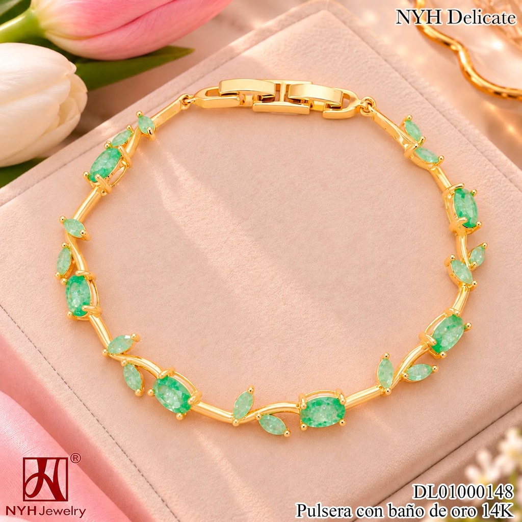 PULSERA BAÑO DE ORO 14K. ZIRC. OV. VERDE/HOJITAS XM1998C (OC.)