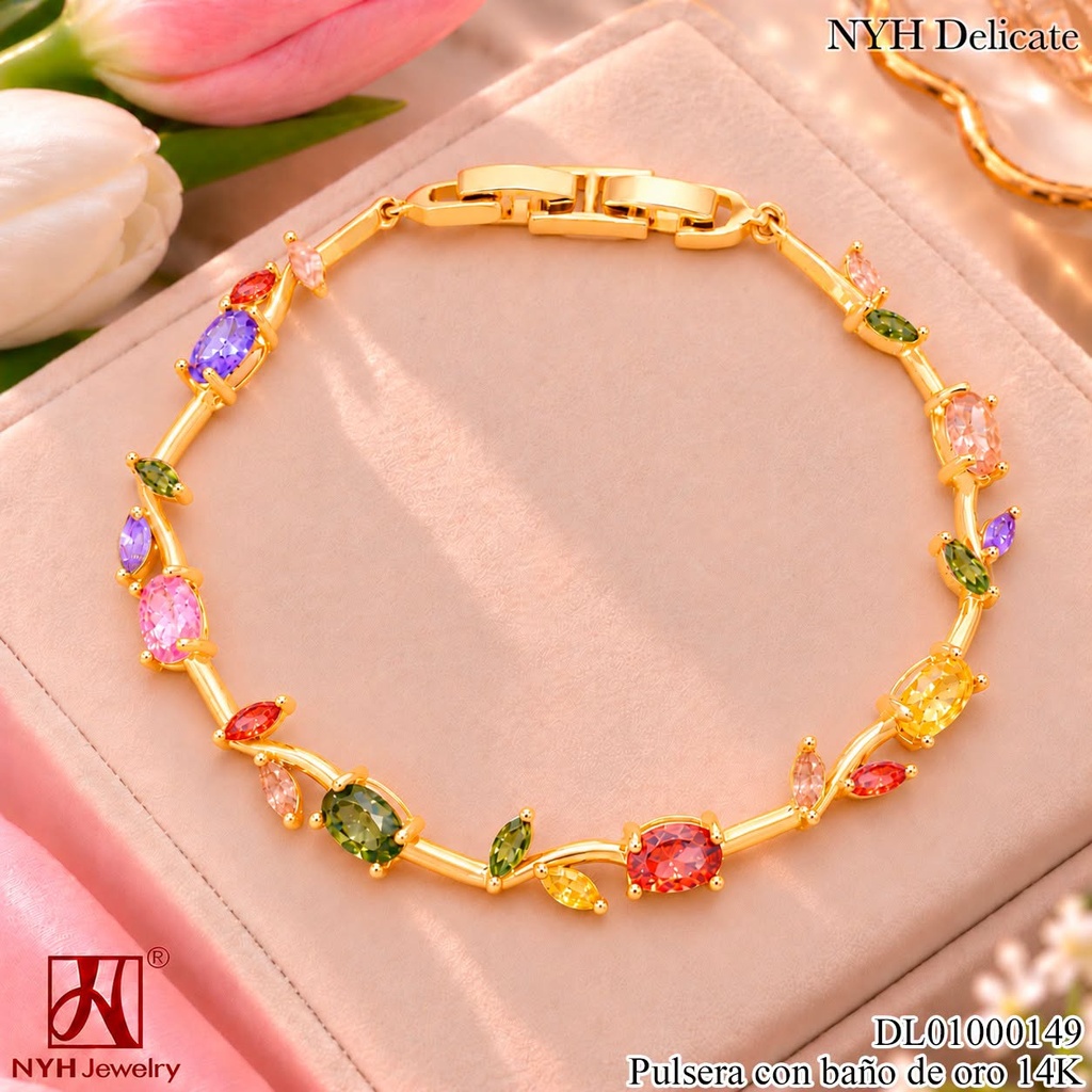 PULSERA BAÑO DE ORO 14K. ZIRC. OV. COLORES/HOJITAS XM1998A (OC.)