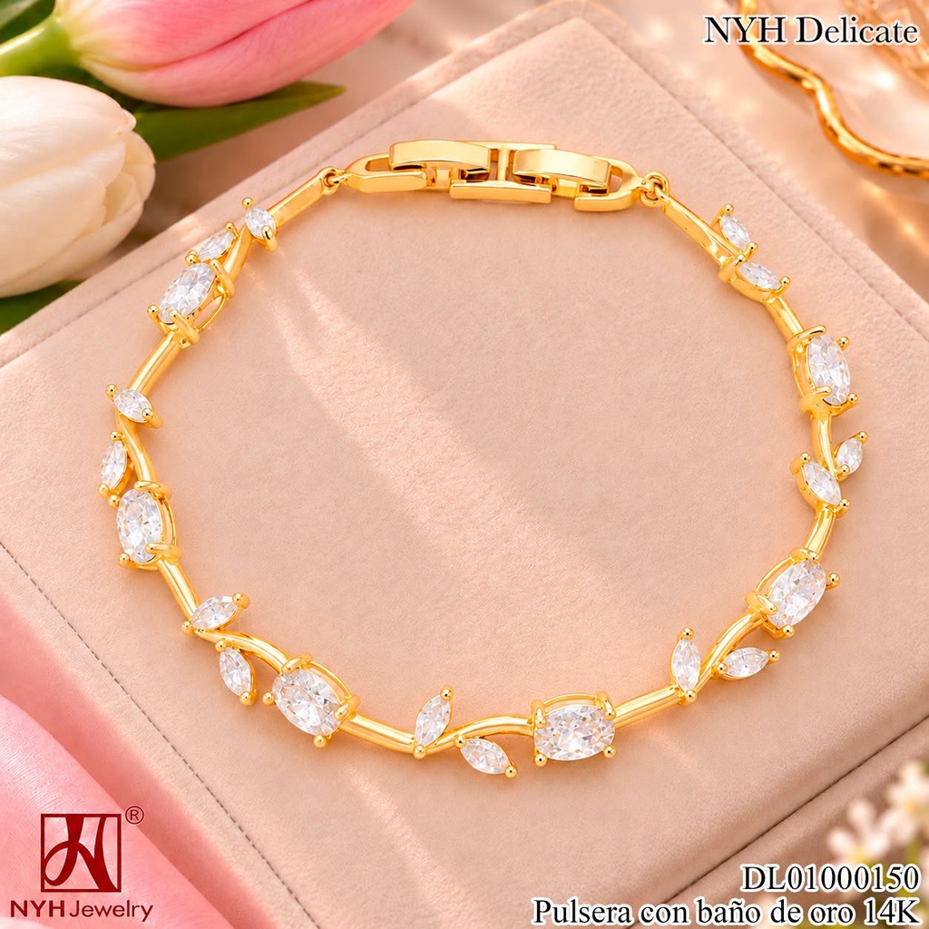 PULSERA BAÑO DE ORO 14K. ZIRC. OV. CRISTAL/HOJITAS XM1998H (OC.)