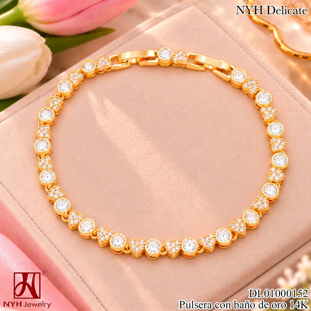 PULSERA BAÑO DE ORO 14K. ZIRC. RD CRISTAL/CORAZONES RR88A (OC.)