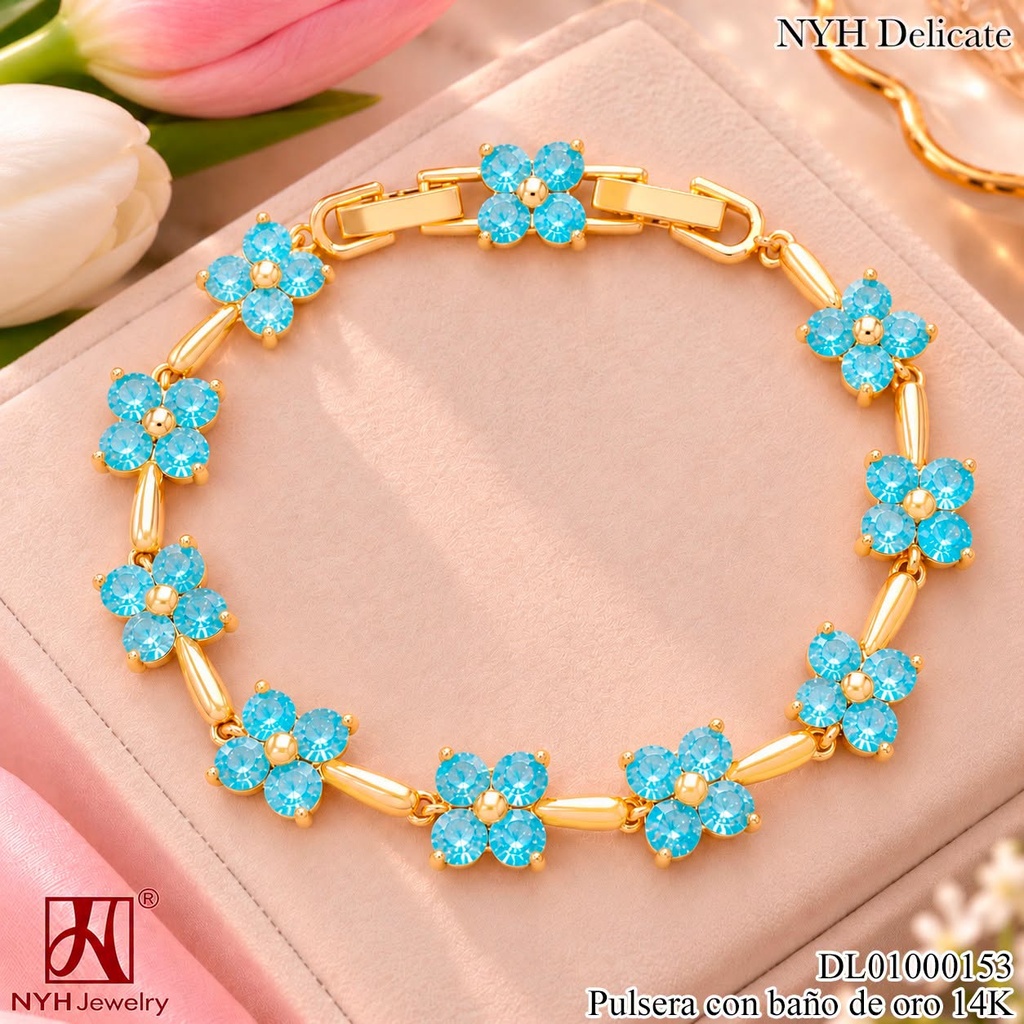 PULSERA BAÑO DE ORO 14K. FLORES ZIRC. CELESTE XM1941P (OC.)