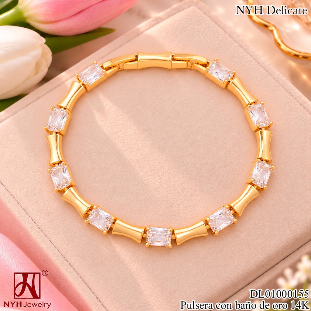 PULSERA BAÑO DE ORO 14K. RECT. DOR/ZIRC RECT. CRISTAL YAH1200A (OC.)